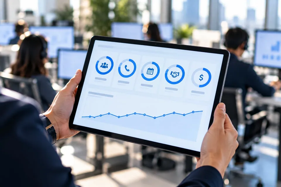 Hands holding a tablet showing a daily scorecard of five progress rings on a sales floor