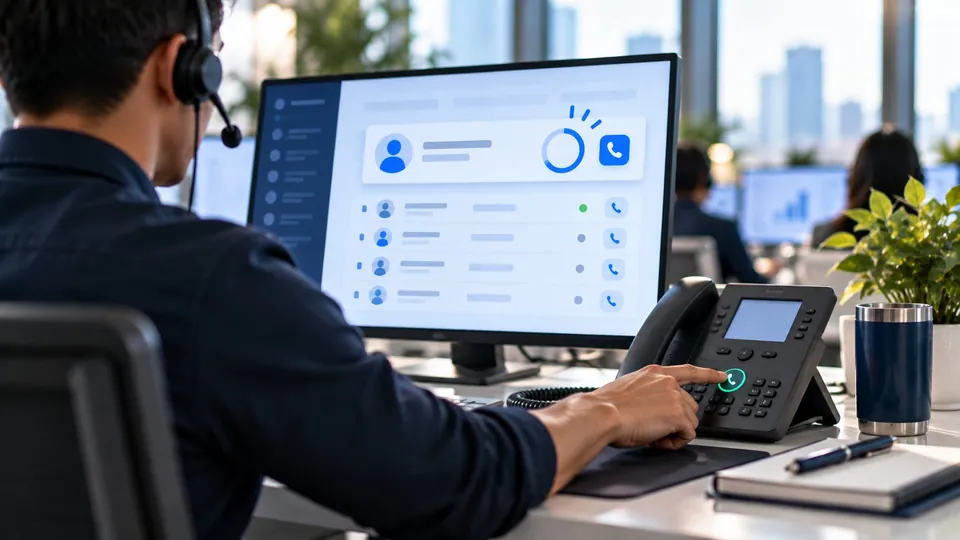 An appointment setter pressing call on a desk phone as a new lead appears at the top of the call queue