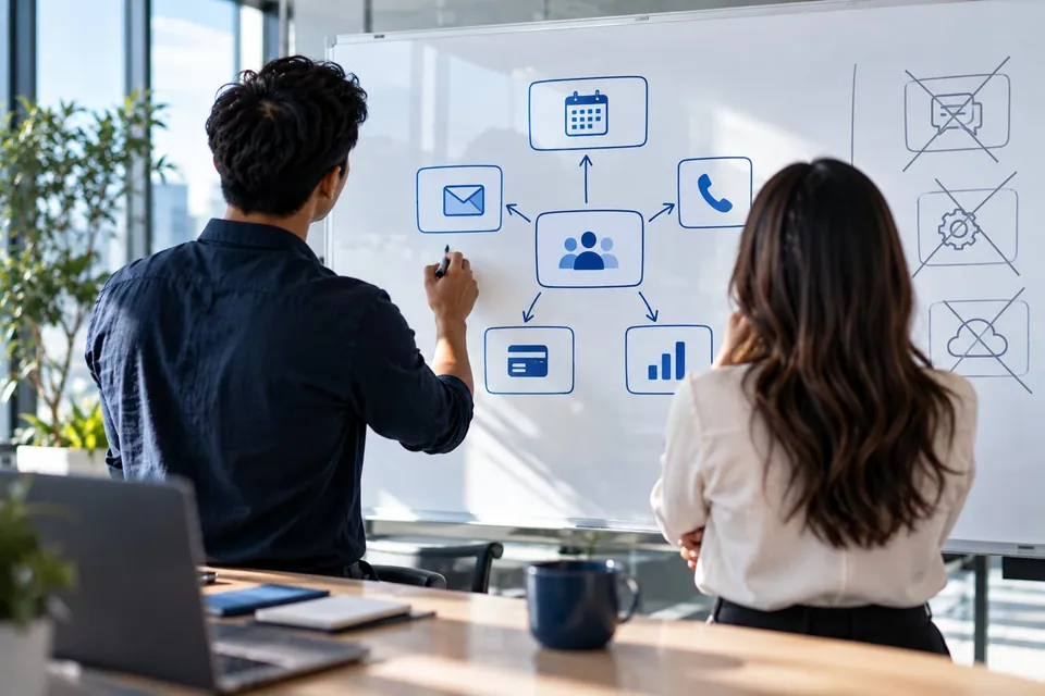 Two colleagues drawing a CRM-centred tool stack on a whiteboard, with extra tools crossed out