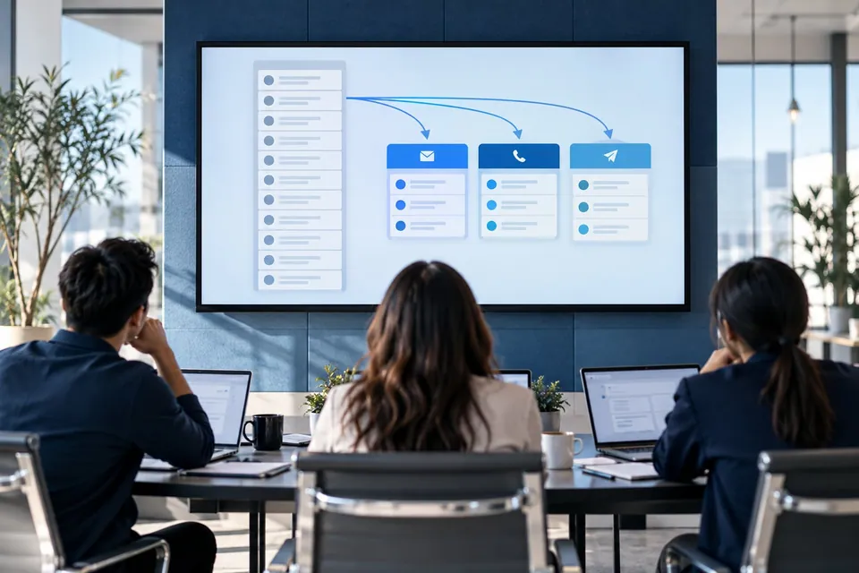 A team in a meeting room looking at a CRM board where a tall column of old leads is split into follow-up lanes
