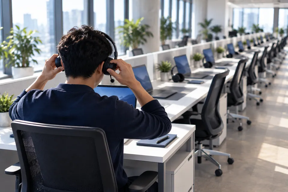 A new sales hire sits down at the first of a long row of identical, ready-to-go desks