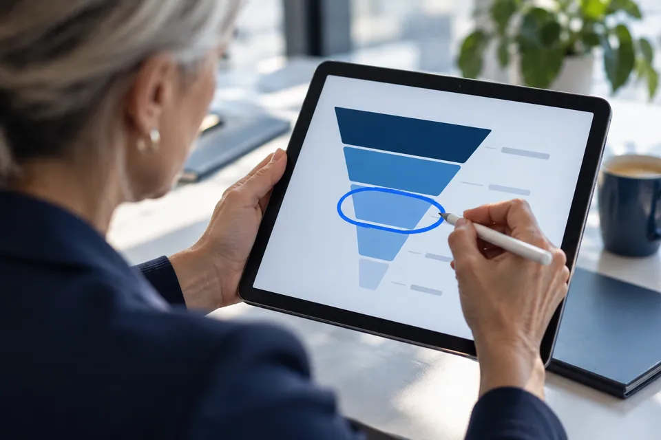 A stylus circling the funnel stage where deals drop off on a tablet dashboard