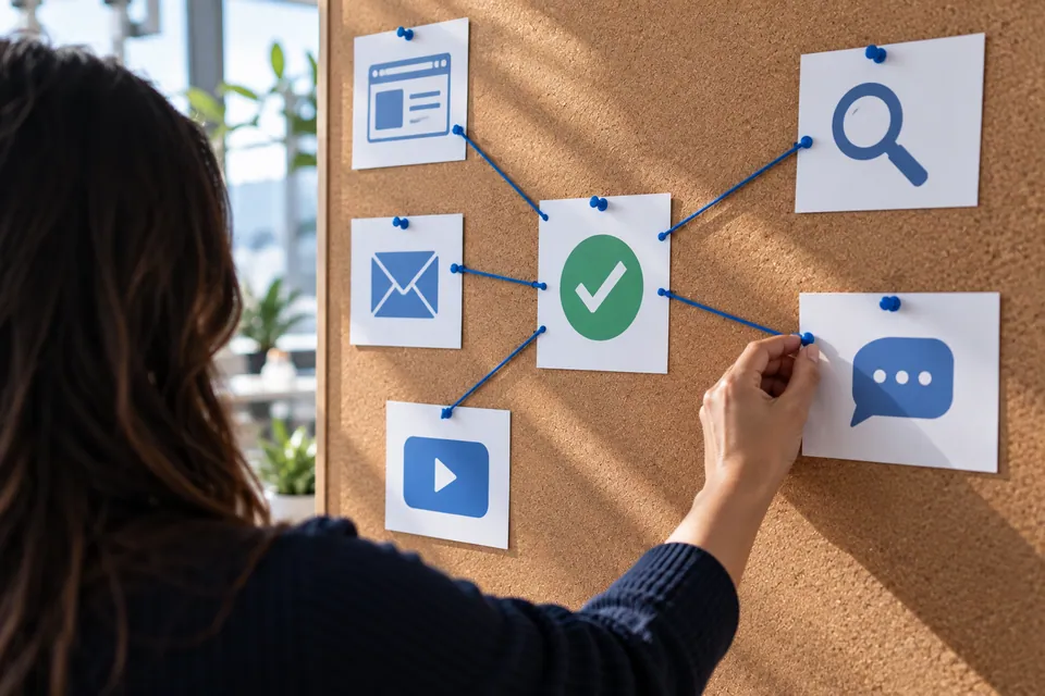 Ad, email, video, search and chat cards threaded to one closed-sale card on a board
