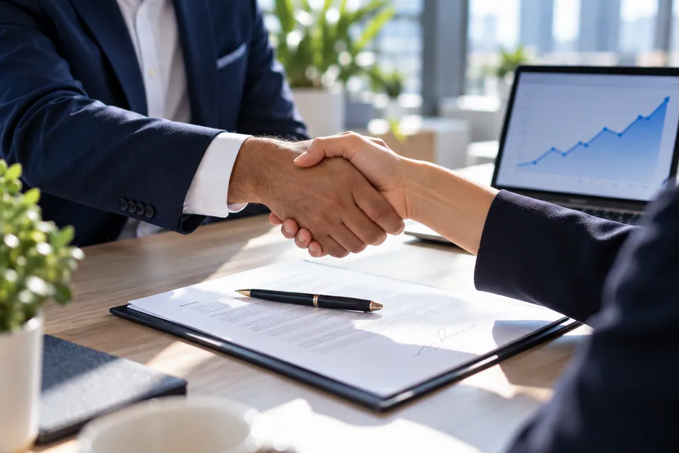 A handshake over a signed renewal, with a rising chart on the laptop
